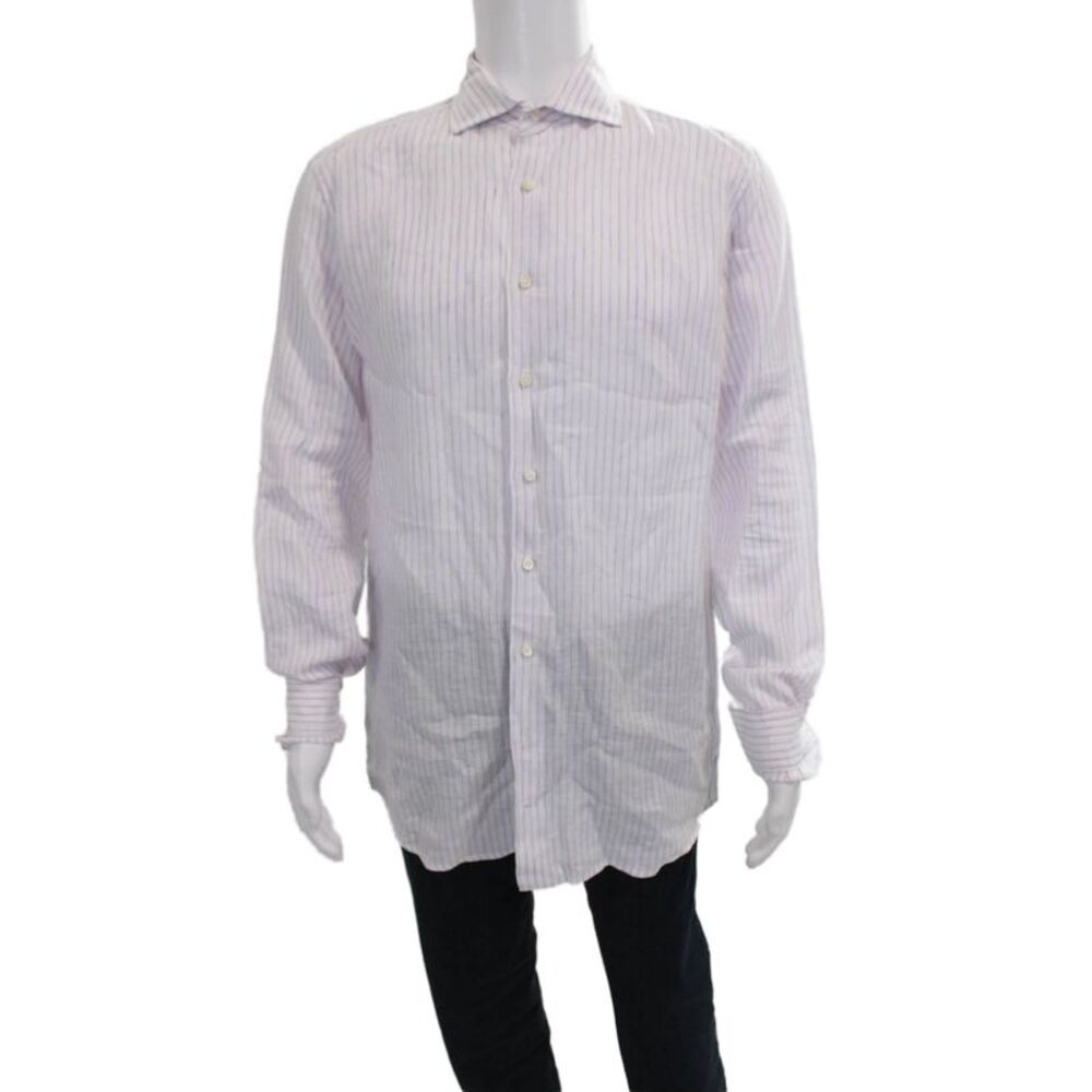 Michael Andrews Mens Striped White Linen Blend Button-Up Dress Shirt Size 42